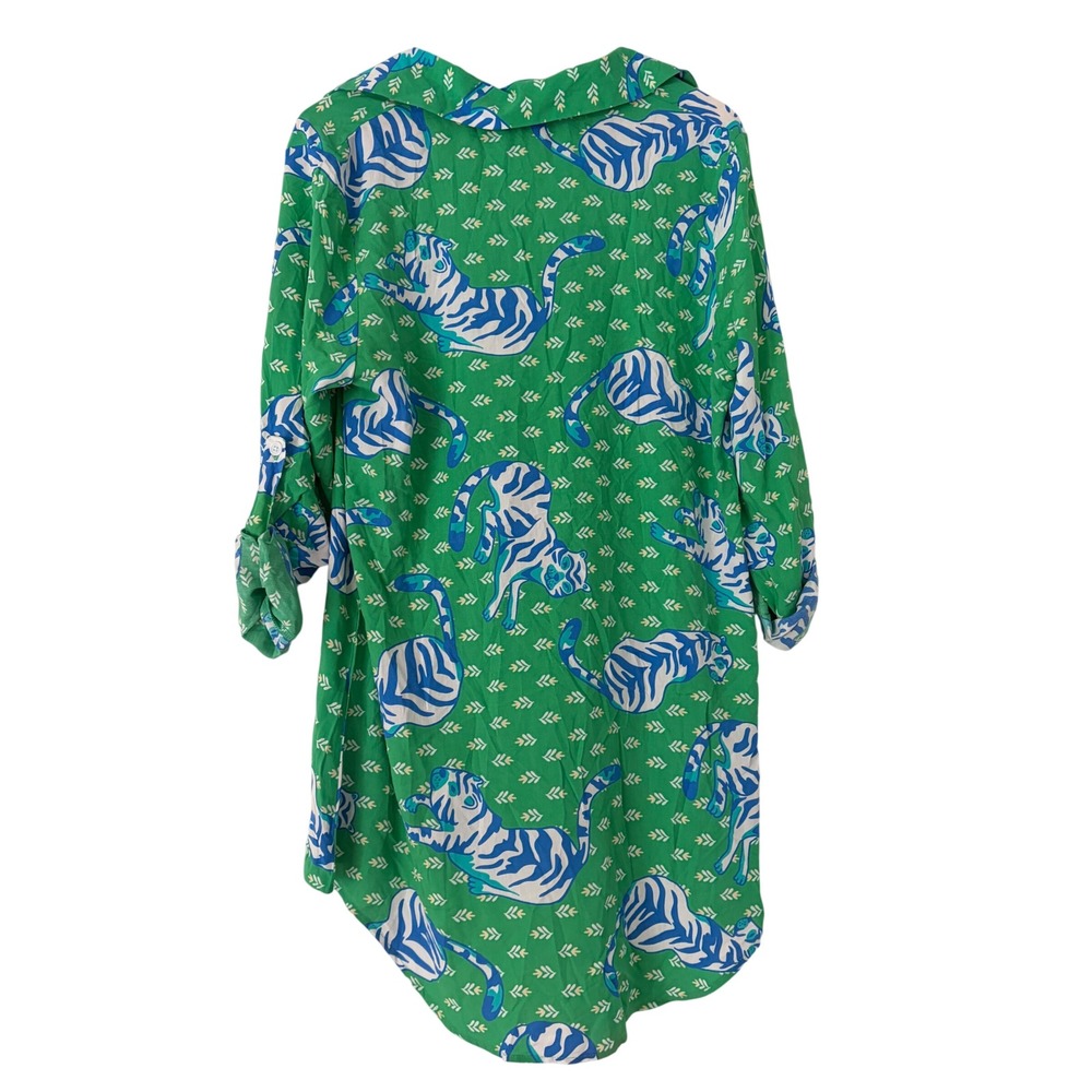 Top It Off Tiger Print Tunic Dress S/M Green Roll Tab Whimsical Animal Resort - Picture 2 of 7